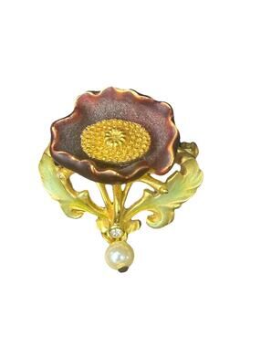 VTG Joan Rivers Red Enamel Flower Brooch Pin Faux Pearl Dangle Gold Tone Signed